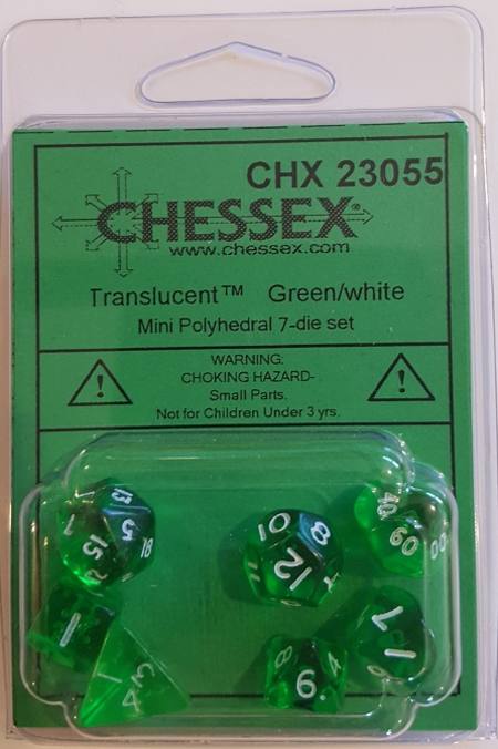 Buy Mini Transparent Green/White Polyhedral 7-Die Set in NZ. 