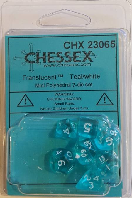 Buy Mini Transparent Teal/White Polyhedral 7-Die Set in NZ. 