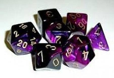 Buy Gemini Black-Purple w/gold Polyhedral 7-Die Set in NZ. 