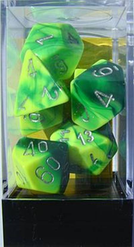 Buy Gemini Green-Yellow w/silver Polyhedral 7-Die Set in NZ. 