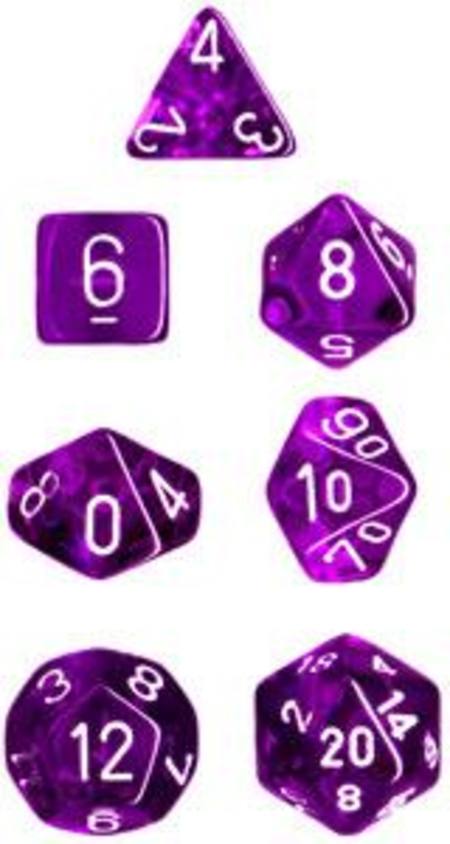 Buy Translucent Purple w/white Polyhedral 7-Die Set in NZ.