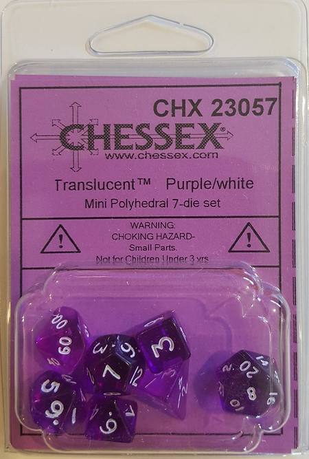 Buy Mini Transparent Purple/White Polyhedral 7-Die Set in NZ.