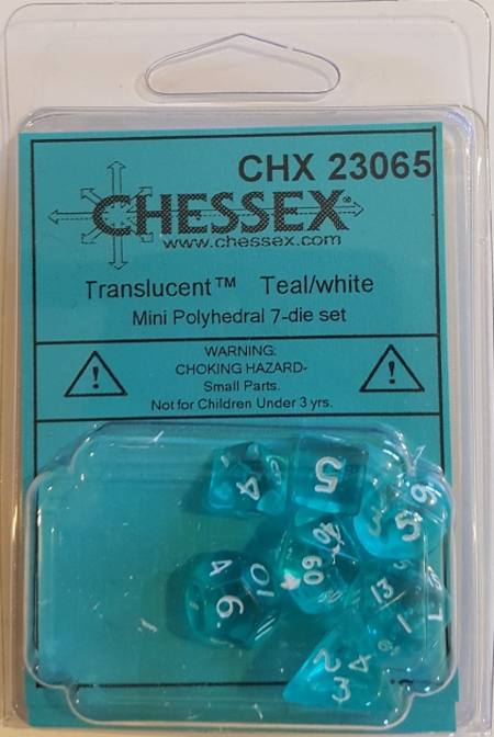 Buy Mini Transparent Teal/White Polyhedral 7-Die Set in NZ.