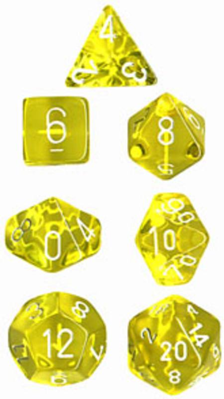 Buy Translucent Yellow w/White Polyhedral 7-Die Set in NZ.