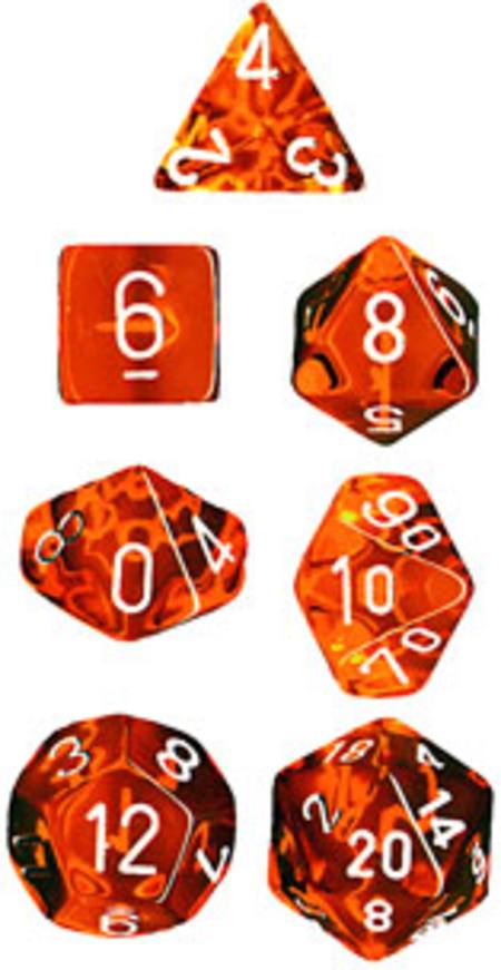 Buy Translucent Orange w/White Polyhedral 7-Die Set in NZ.