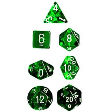 Buy Translucent Green w/White Polyhedral 7-Die Set in NZ.