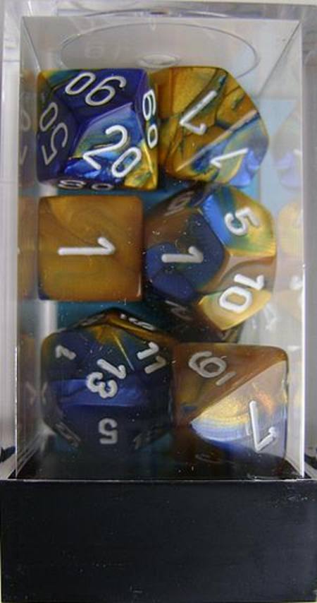 Gemini Blue-Gold w/white Polyhedral 7-Die Set