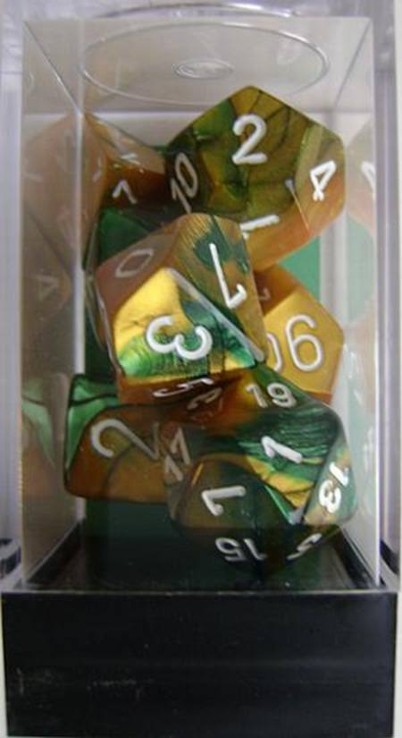 Buy Gemini Gold-Green w/white Polyhedral 7-Die Set in NZ. 