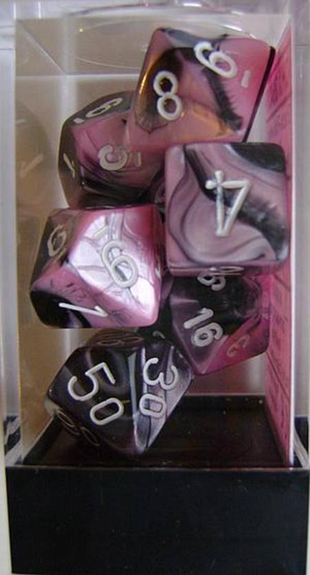 Buy Gemini Black-Pink w/white Polyhedral 7-Die Set in NZ. 