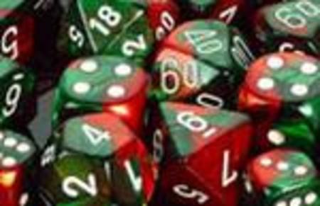 Gemini Green-Red w/white Polyhedral 7-Die Set