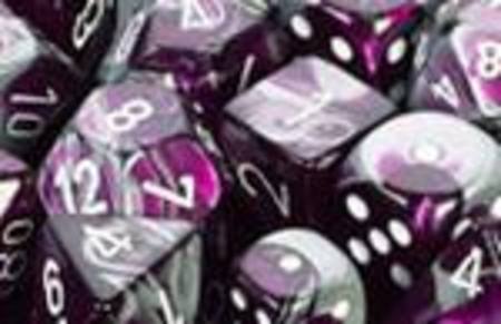 Buy Gemini Purple-Steel w/white Polyhedral 7-Die Set in NZ. 