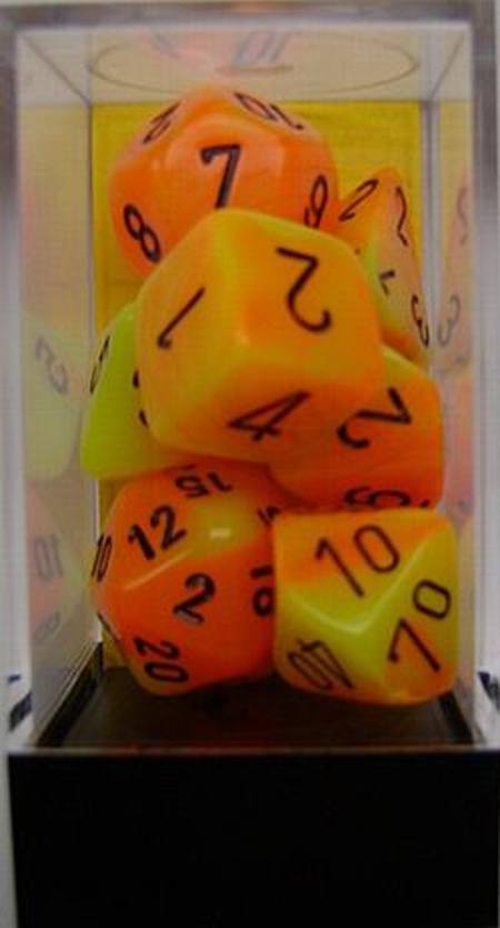 Buy Gemini Orange-Yellow w/black Polyhedral 7-Die Set in NZ. 