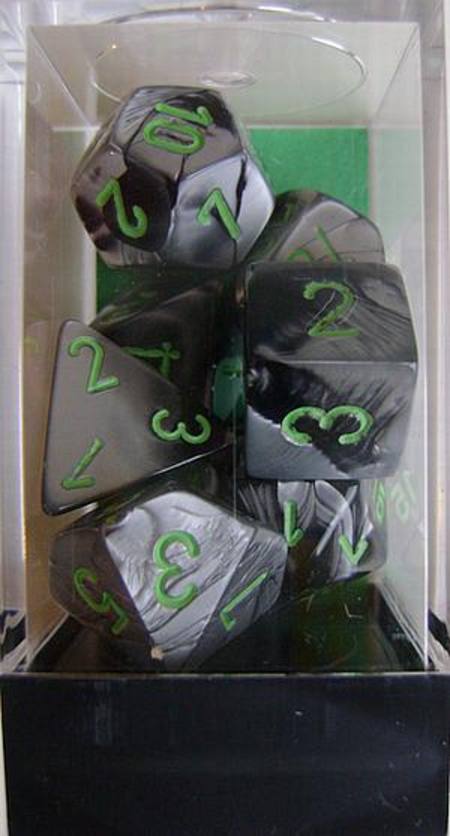 Buy Gemini Black-Grey w/green Polyhedral 7-Die Set in NZ. 