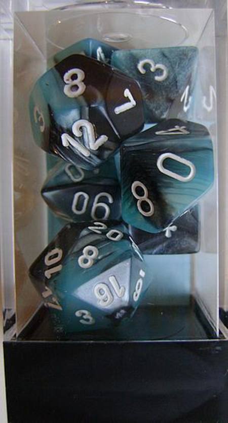 Gemini Black-Shell w/white Polyhedral 7-Die Set