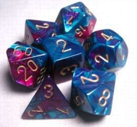 Buy Gemini Purple-Teal w/gold Polyhedral 7-Die Set in NZ. 