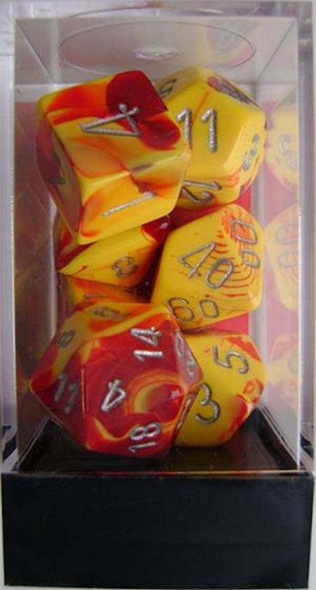 Gemini Red-Yellow w/silver Polyhedral 7-Die Set