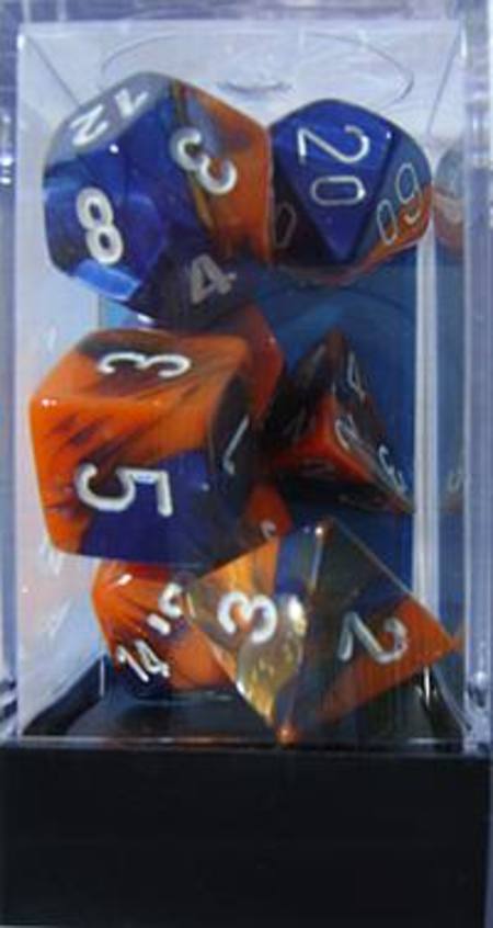 Gemini Blue-Orange w/white Polyhedral 7-Die Set