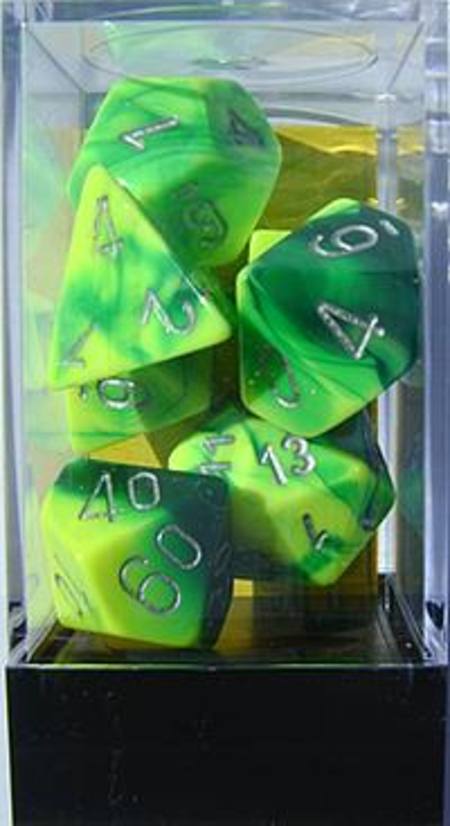 Gemini Green-Yellow w/silver Polyhedral 7-Die Set