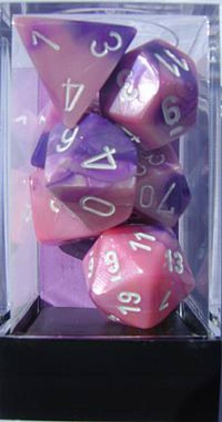 Buy Gemini Pink-Purple w/white Polyhedral 7-Die Set in NZ.
