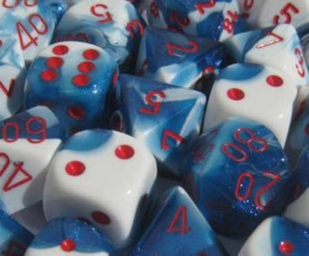 Buy Gemini Astral Blue-White w/Red Polyhedral 7-Die Set in NZ. 