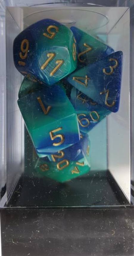 Buy Gemini Blue-Teal w/gold Polyhedral 7-Die Set in NZ. 